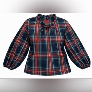 J. Crew Scalloped Tie Neck Top in Stewart Tartan Plaid Size S Holiday Preppy